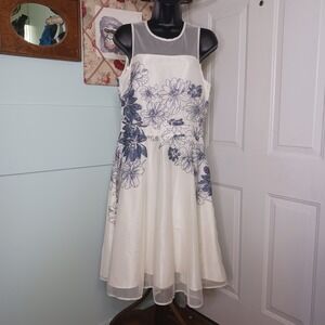 J. TAYLOR Cocktail Dress Blue Metallic Floral Embroidery White Lace Lined Sz8